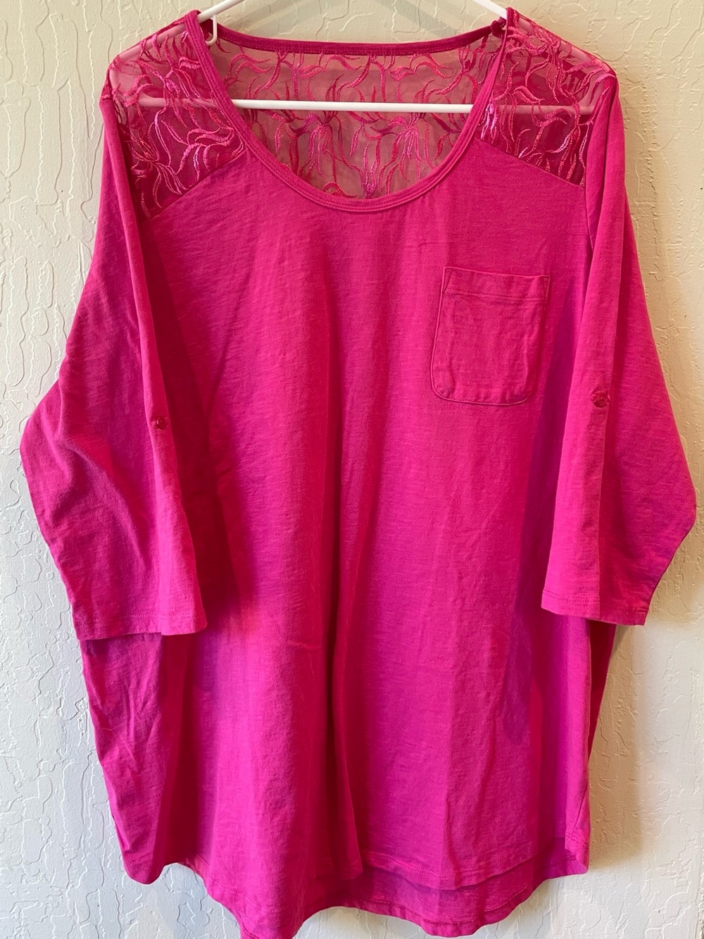 Roaman's Hot Pink Lace-Yoke Pocket Tunic Tee